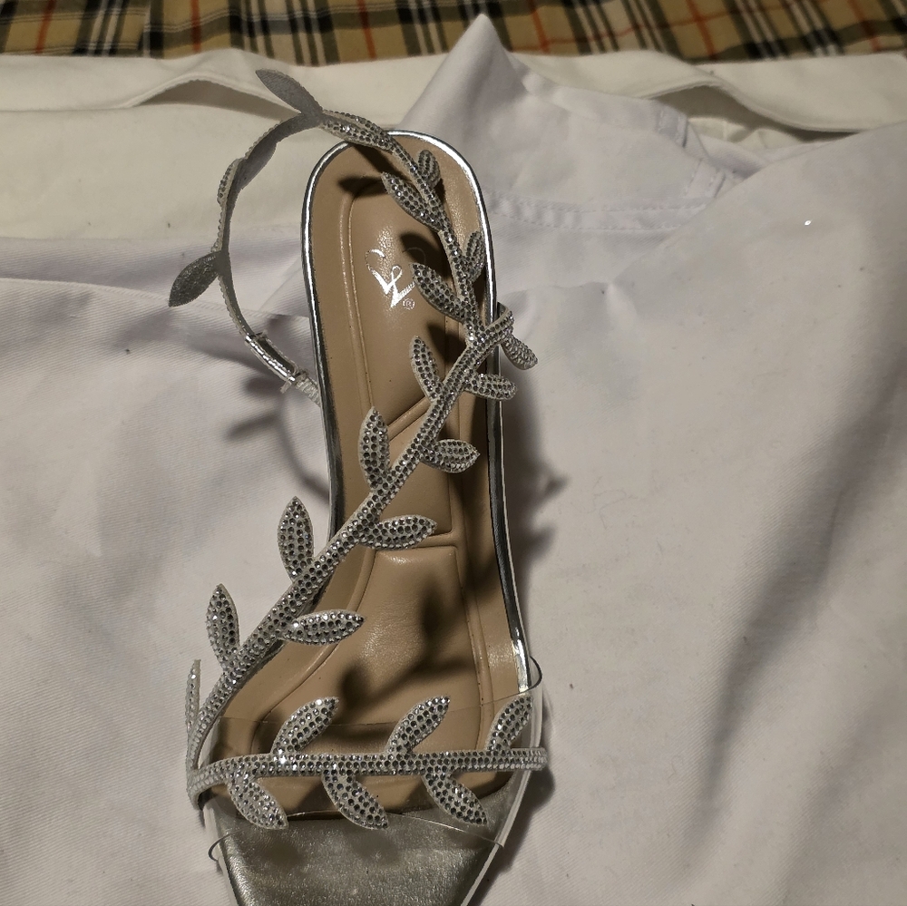 Silver Crystal Leaf Slingback Heels